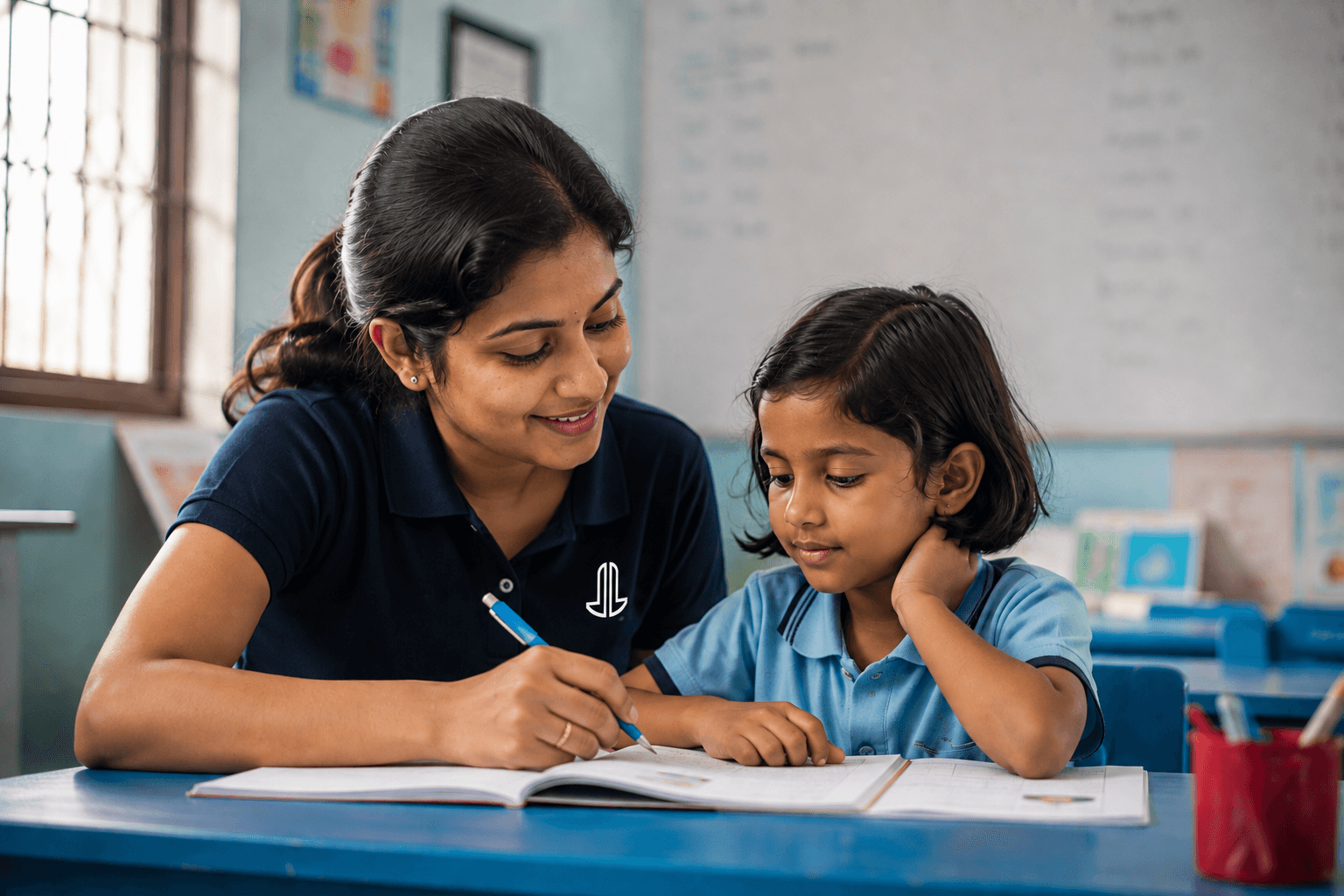Shadow teacher guiding a child with schoolwork in class