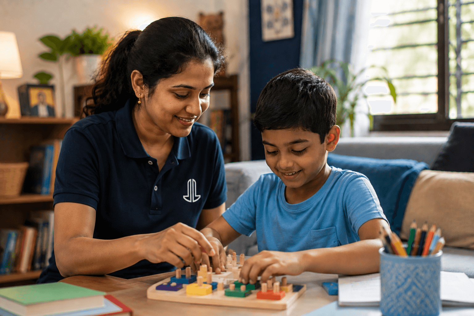 Caregiver supporting a child during a guided learning activity
